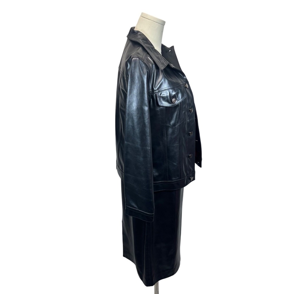 VTG Ralph Lauren Leather Jacket Dress Set Black 90s Moto Biker Cyber Sz 8 Small - Picture 8 of 16
